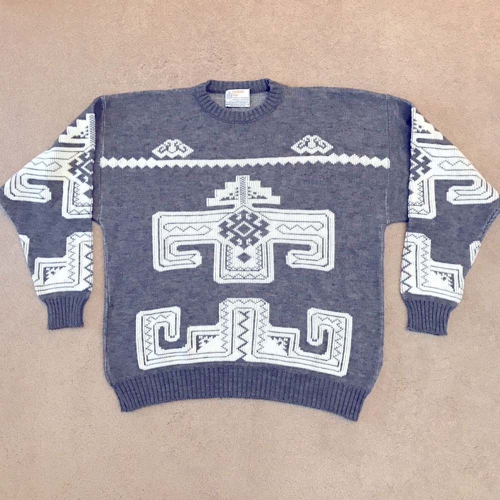 Vintage 80s London Fog Mens Crewneck Sweater XL Acrylic Wool Grey White USA Made